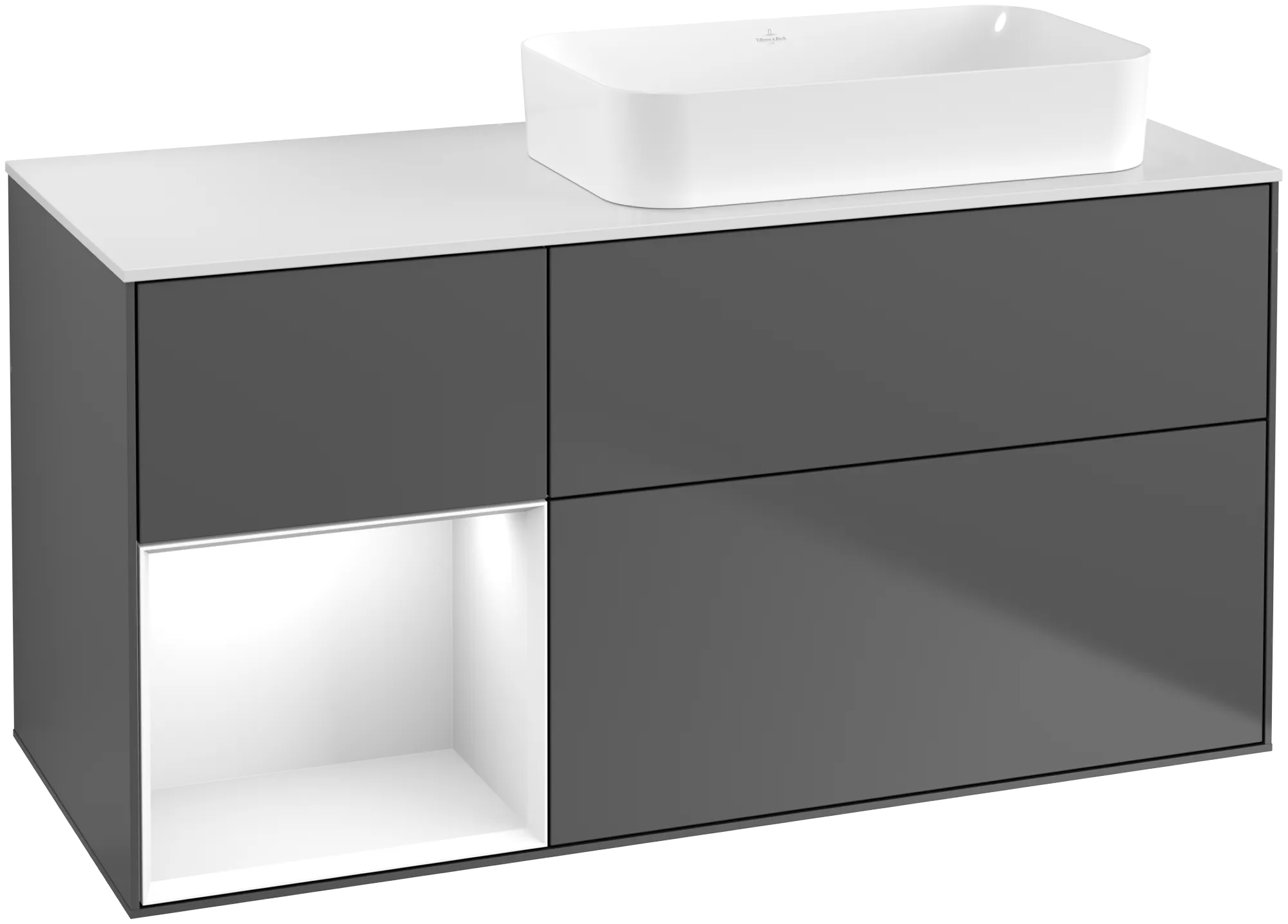 Picture of VILLEROY BOCH Finion Vanity unit, with lighting, 3 pull-out compartments, 1200 x 603 x 501 mm, Anthracite Matt Lacquer / Glossy White Lacquer / Glass White Matt #G681GFGK