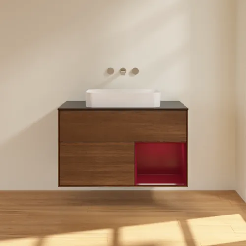 Bild von VILLEROY BOCH Finion Waschbeckenunterschrank, mit Beleuchtung, 2 Auszüge, 1000 x 603 x 501 mm, Walnut Veneer / Peony Matt Lacquer / Glass Black Matt #G662HBGN