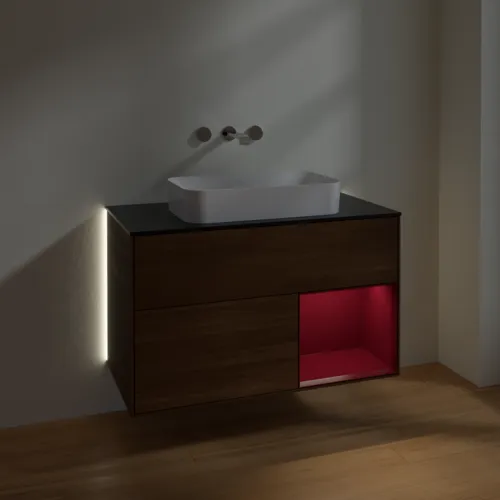 Bild von VILLEROY BOCH Finion Waschbeckenunterschrank, mit Beleuchtung, 2 Auszüge, 1000 x 603 x 501 mm, Walnut Veneer / Peony Matt Lacquer / Glass Black Matt #G662HBGN