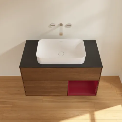 Bild von VILLEROY BOCH Finion Waschbeckenunterschrank, mit Beleuchtung, 2 Auszüge, 1000 x 603 x 501 mm, Walnut Veneer / Peony Matt Lacquer / Glass Black Matt #G662HBGN