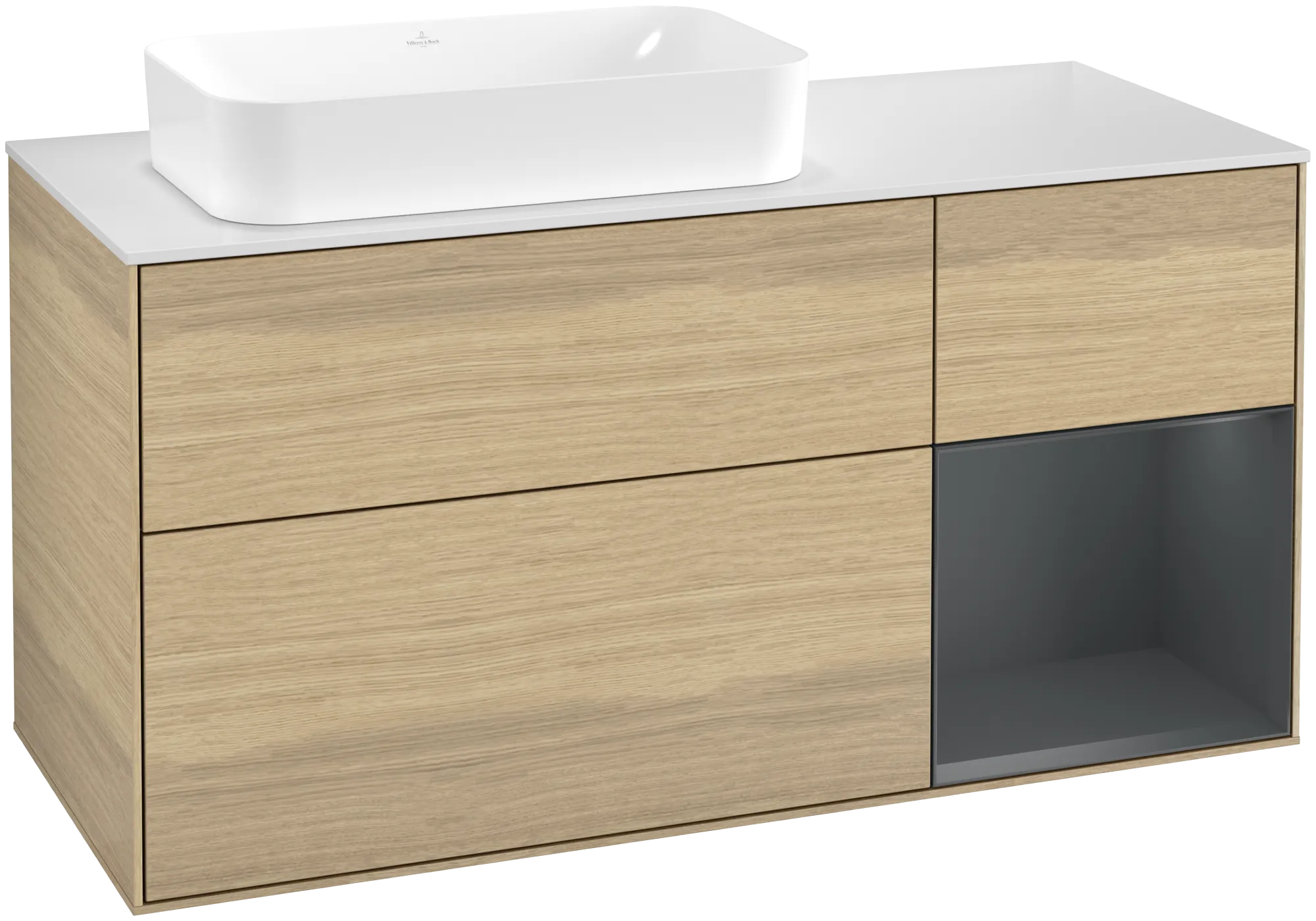 Picture of VILLEROY BOCH Finion Vanity unit, with lighting, 3 pull-out compartments, 1200 x 603 x 501 mm, Oak Veneer / Midnight Blue Matt Lacquer / Glass White Matt #G691HGPC