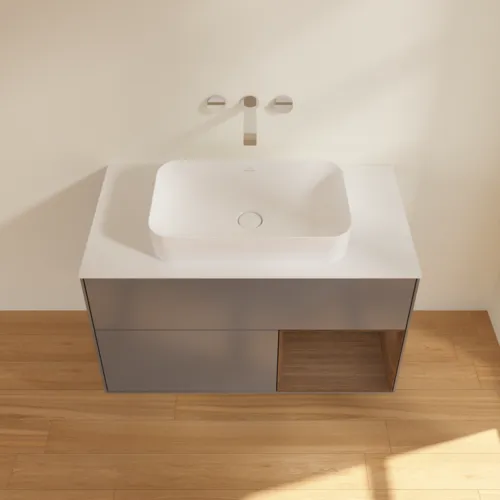 Bild von VILLEROY BOCH Finion Waschbeckenunterschrank, mit Beleuchtung, 2 Auszüge, 1000 x 603 x 501 mm, Anthracite Matt Lacquer / Walnut Veneer / Glass White Matt #G661GNGK