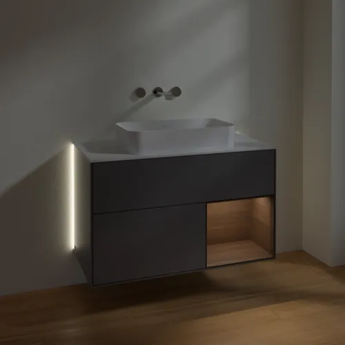 Bild von VILLEROY BOCH Finion Waschbeckenunterschrank, mit Beleuchtung, 2 Auszüge, 1000 x 603 x 501 mm, Anthracite Matt Lacquer / Walnut Veneer / Glass White Matt #G661GNGK