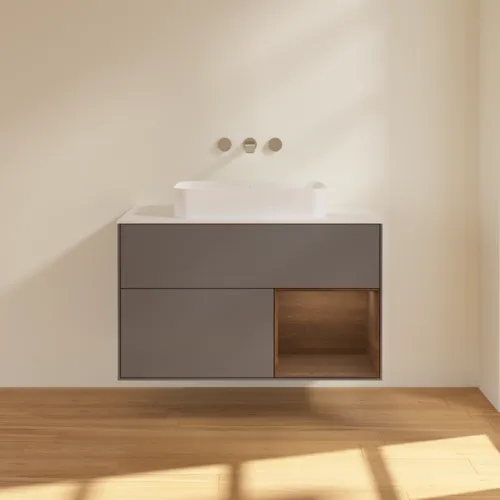 Bild von VILLEROY BOCH Finion Waschbeckenunterschrank, mit Beleuchtung, 2 Auszüge, 1000 x 603 x 501 mm, Anthracite Matt Lacquer / Walnut Veneer / Glass White Matt #G661GNGK