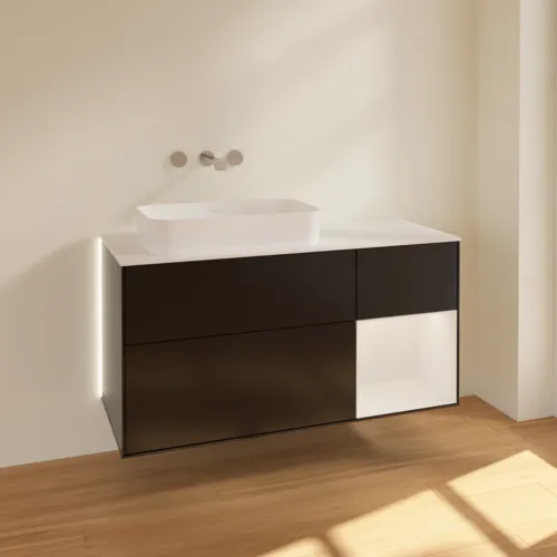 Bild von VILLEROY BOCH Finion Waschbeckenunterschrank, mit Beleuchtung, 3 Auszüge, 1200 x 603 x 501 mm, Black Matt Lacquer / Glossy White Lacquer / Glass White Matt #G691GFPD