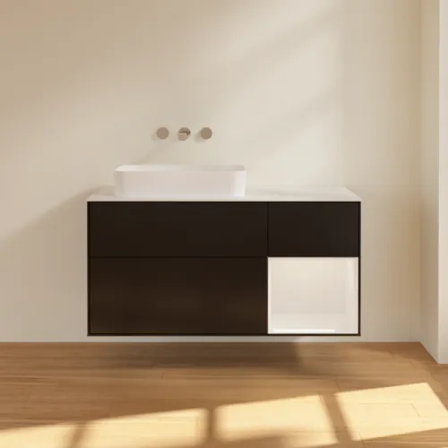 Bild von VILLEROY BOCH Finion Waschbeckenunterschrank, mit Beleuchtung, 3 Auszüge, 1200 x 603 x 501 mm, Black Matt Lacquer / Glossy White Lacquer / Glass White Matt #G691GFPD
