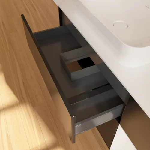 Bild von VILLEROY BOCH Finion Waschbeckenunterschrank, mit Beleuchtung, 3 Auszüge, 1200 x 603 x 501 mm, Black Matt Lacquer / Glossy White Lacquer / Glass White Matt #G691GFPD