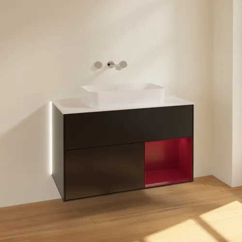 VILLEROY BOCH Finion Waschbeckenunterschrank, mit Beleuchtung, 2 Auszüge, 1000 x 603 x 501 mm, Black Matt Lacquer / Peony Matt Lacquer / Glass White Matt #G661HBPD, Bild 2