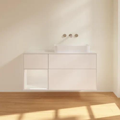 Bild von VILLEROY BOCH Finion Waschbeckenunterschrank, mit Beleuchtung, 3 Auszüge, 1200 x 603 x 501 mm, White Matt Lacquer / Glossy White Lacquer / Glass White Matt #G681GFMT