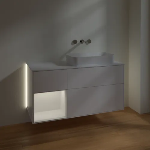 Bild von VILLEROY BOCH Finion Waschbeckenunterschrank, mit Beleuchtung, 3 Auszüge, 1200 x 603 x 501 mm, White Matt Lacquer / Glossy White Lacquer / Glass White Matt #G681GFMT