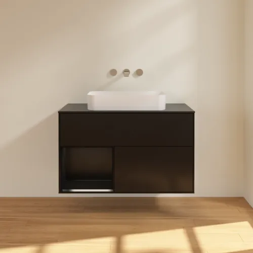 Bild von VILLEROY BOCH Finion Waschbeckenunterschrank, mit Beleuchtung, 2 Auszüge, 1000 x 603 x 501 mm, Black Matt Lacquer / Black Matt Lacquer / Glass Black Matt #G652PDPD