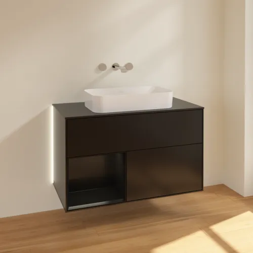 Bild von VILLEROY BOCH Finion Waschbeckenunterschrank, mit Beleuchtung, 2 Auszüge, 1000 x 603 x 501 mm, Black Matt Lacquer / Black Matt Lacquer / Glass Black Matt #G652PDPD