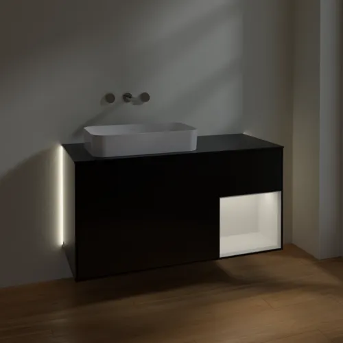 Bild von VILLEROY BOCH Finion Waschbeckenunterschrank, mit Beleuchtung, 3 Auszüge, 1200 x 603 x 501 mm, Black Matt Lacquer / Glossy White Lacquer / Glass Black Matt #G692GFPD