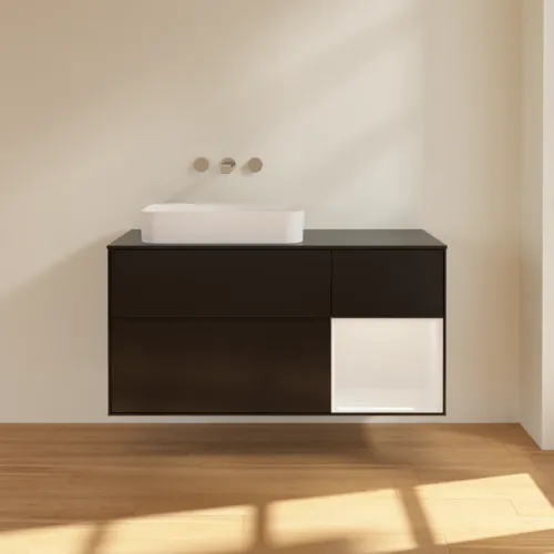 Bild von VILLEROY BOCH Finion Waschbeckenunterschrank, mit Beleuchtung, 3 Auszüge, 1200 x 603 x 501 mm, Black Matt Lacquer / Glossy White Lacquer / Glass Black Matt #G692GFPD