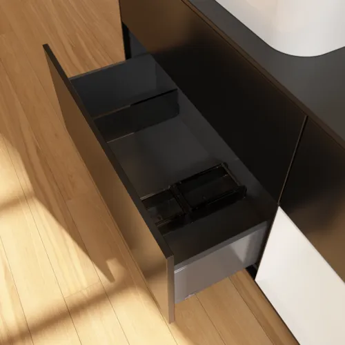 Bild von VILLEROY BOCH Finion Waschbeckenunterschrank, mit Beleuchtung, 3 Auszüge, 1200 x 603 x 501 mm, Black Matt Lacquer / Glossy White Lacquer / Glass Black Matt #G692GFPD