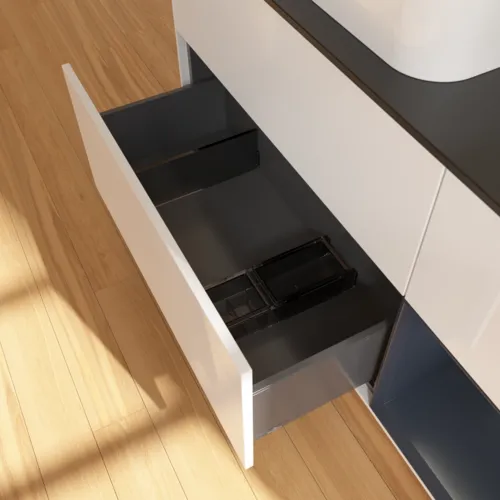 Bild von VILLEROY BOCH Finion Waschbeckenunterschrank, mit Beleuchtung, 3 Auszüge, 1200 x 603 x 501 mm, Glossy White Lacquer / Midnight Blue Matt Lacquer / Glass Black Matt #G692HGGF