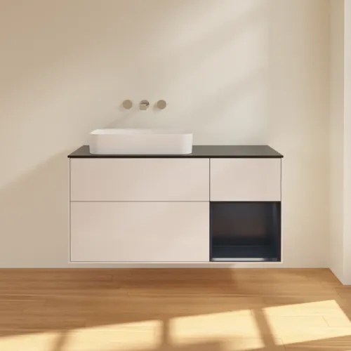 Bild von VILLEROY BOCH Finion Waschbeckenunterschrank, mit Beleuchtung, 3 Auszüge, 1200 x 603 x 501 mm, Glossy White Lacquer / Midnight Blue Matt Lacquer / Glass Black Matt #G692HGGF