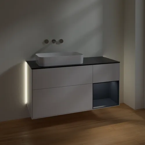 Bild von VILLEROY BOCH Finion Waschbeckenunterschrank, mit Beleuchtung, 3 Auszüge, 1200 x 603 x 501 mm, Glossy White Lacquer / Midnight Blue Matt Lacquer / Glass Black Matt #G692HGGF