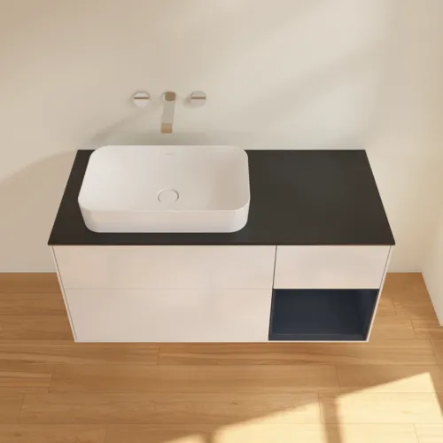 Bild von VILLEROY BOCH Finion Waschbeckenunterschrank, mit Beleuchtung, 3 Auszüge, 1200 x 603 x 501 mm, Glossy White Lacquer / Midnight Blue Matt Lacquer / Glass Black Matt #G692HGGF