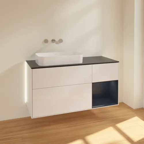 Bild von VILLEROY BOCH Finion Waschbeckenunterschrank, mit Beleuchtung, 3 Auszüge, 1200 x 603 x 501 mm, Glossy White Lacquer / Midnight Blue Matt Lacquer / Glass Black Matt #G692HGGF