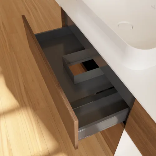 Bild von VILLEROY BOCH Finion Waschbeckenunterschrank, mit Beleuchtung, 3 Auszüge, 1200 x 603 x 501 mm, Walnut Veneer / Glossy White Lacquer / Glass White Matt #G691GFGN