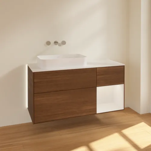Bild von VILLEROY BOCH Finion Waschbeckenunterschrank, mit Beleuchtung, 3 Auszüge, 1200 x 603 x 501 mm, Walnut Veneer / Glossy White Lacquer / Glass White Matt #G691GFGN