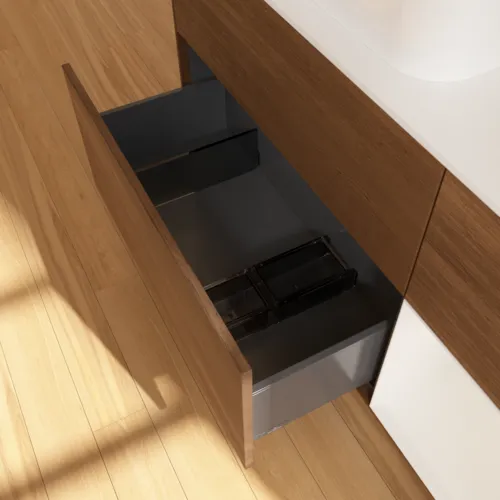 Bild von VILLEROY BOCH Finion Waschbeckenunterschrank, mit Beleuchtung, 3 Auszüge, 1200 x 603 x 501 mm, Walnut Veneer / Glossy White Lacquer / Glass White Matt #G691GFGN