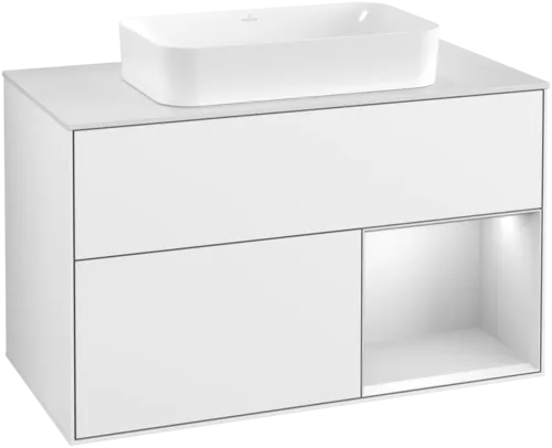 Picture of VILLEROY BOCH Finion Vanity unit, with lighting, 2 pull-out compartments, 1000 x 603 x 501 mm, Glossy White Lacquer / White Matt Lacquer / Glass White Matt #G661MTGF