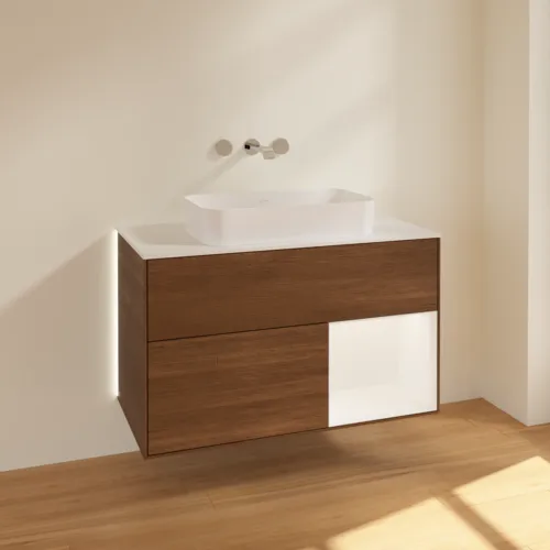 Bild von VILLEROY BOCH Finion Waschbeckenunterschrank, mit Beleuchtung, 2 Auszüge, 1000 x 603 x 501 mm, Walnut Veneer / White Matt Lacquer / Glass White Matt #G661MTGN