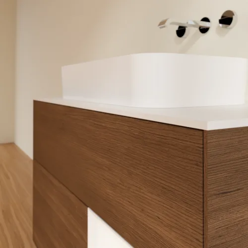 Bild von VILLEROY BOCH Finion Waschbeckenunterschrank, mit Beleuchtung, 2 Auszüge, 1000 x 603 x 501 mm, Walnut Veneer / White Matt Lacquer / Glass White Matt #G661MTGN