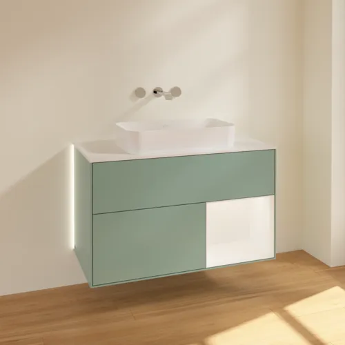 VILLEROY BOCH Finion Waschbeckenunterschrank, mit Beleuchtung, 2 Auszüge, 1000 x 603 x 501 mm, Olive Matt Lacquer / White Matt Lacquer / Glass White Matt #G661MTGM, Bild 2
