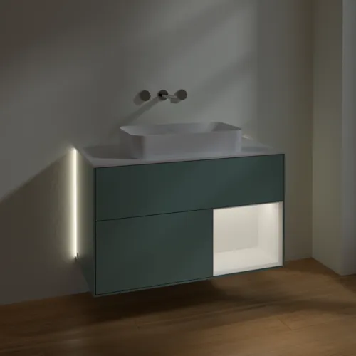 VILLEROY BOCH Finion Waschbeckenunterschrank, mit Beleuchtung, 2 Auszüge, 1000 x 603 x 501 mm, Olive Matt Lacquer / White Matt Lacquer / Glass White Matt #G661MTGM, Bild 5
