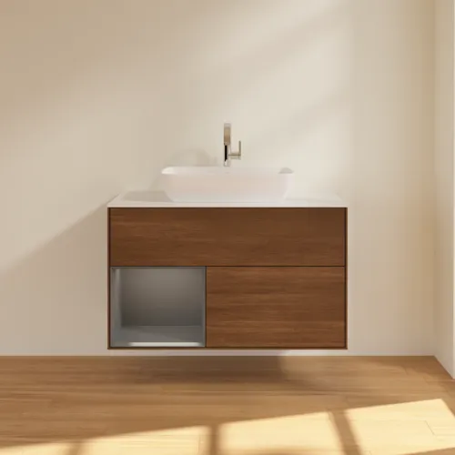 Bild von VILLEROY BOCH Finion Waschbeckenunterschrank, mit Beleuchtung, 2 Auszüge, 1000 x 603 x 501 mm, Walnut Veneer / Anthracite Matt Lacquer / Glass White Matt #G771GKGN