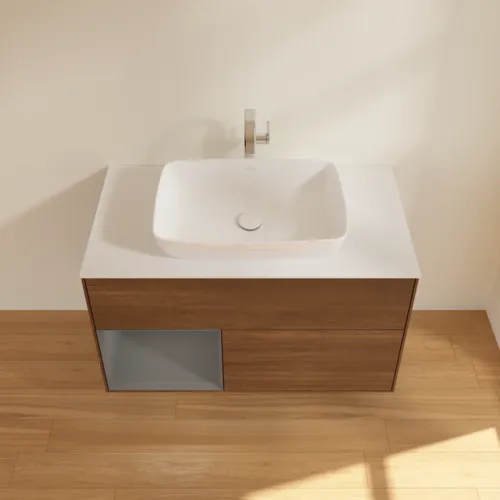 Bild von VILLEROY BOCH Finion Waschbeckenunterschrank, mit Beleuchtung, 2 Auszüge, 1000 x 603 x 501 mm, Walnut Veneer / Anthracite Matt Lacquer / Glass White Matt #G771GKGN