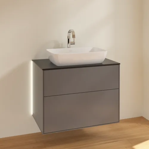 Bild von VILLEROY BOCH Finion Waschbeckenunterschrank, mit Beleuchtung, 2 Auszüge, 800 x 603 x 501 mm, Anthracite Matt Lacquer / Glass Black Matt #G75200GK