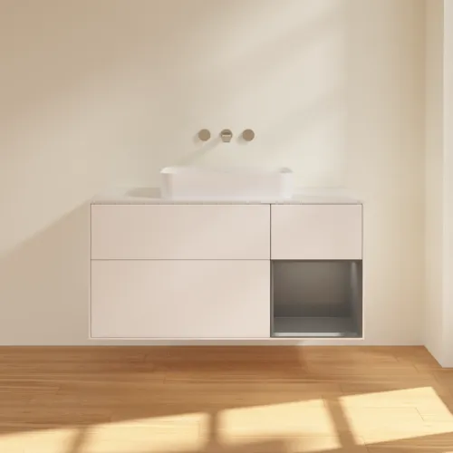 Bild von VILLEROY BOCH Finion Waschbeckenunterschrank, mit Beleuchtung, 3 Auszüge, 1200 x 603 x 501 mm, White Matt Lacquer / Anthracite Matt Lacquer / Glass White Matt #G711GKMT