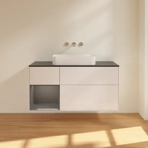 Bild von VILLEROY BOCH Finion Waschbeckenunterschrank, mit Beleuchtung, 3 Auszüge, 1200 x 603 x 501 mm, Glossy White Lacquer / Anthracite Matt Lacquer / Glass Black Matt #G702GKGF