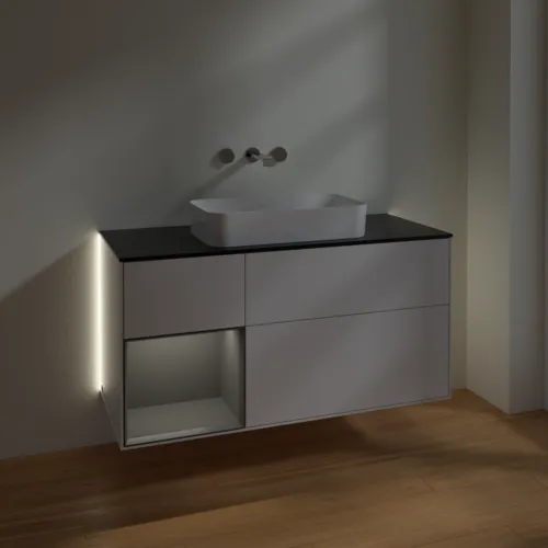 Bild von VILLEROY BOCH Finion Waschbeckenunterschrank, mit Beleuchtung, 3 Auszüge, 1200 x 603 x 501 mm, Glossy White Lacquer / Anthracite Matt Lacquer / Glass Black Matt #G702GKGF