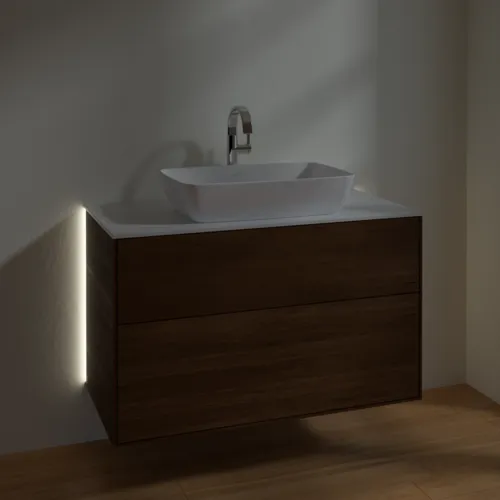 Bild von VILLEROY BOCH Finion Waschbeckenunterschrank, mit Beleuchtung, 2 Auszüge, 1000 x 603 x 501 mm, Walnut Veneer / Glass White Matt #G76100GN