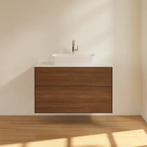 Bild von VILLEROY BOCH Finion Waschbeckenunterschrank, mit Beleuchtung, 2 Auszüge, 1000 x 603 x 501 mm, Walnut Veneer / Glass White Matt #G76100GN