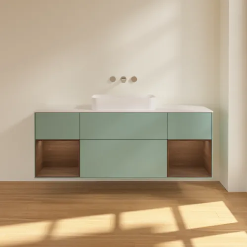 Bild von VILLEROY BOCH Finion Waschbeckenunterschrank, mit Beleuchtung, 4 Auszüge, 1600 x 603 x 501 mm, Olive Matt Lacquer / Walnut Veneer / Glass White Matt #G741GNGM