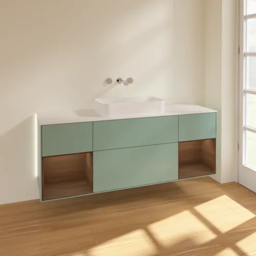 Bild von VILLEROY BOCH Finion Waschbeckenunterschrank, mit Beleuchtung, 4 Auszüge, 1600 x 603 x 501 mm, Olive Matt Lacquer / Walnut Veneer / Glass White Matt #G741GNGM