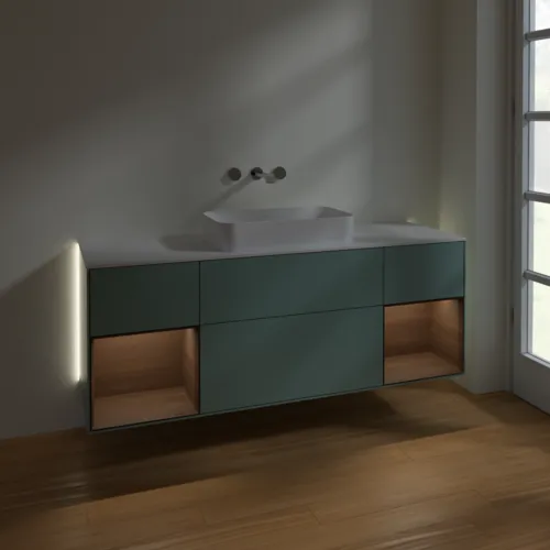 Bild von VILLEROY BOCH Finion Waschbeckenunterschrank, mit Beleuchtung, 4 Auszüge, 1600 x 603 x 501 mm, Olive Matt Lacquer / Walnut Veneer / Glass White Matt #G741GNGM