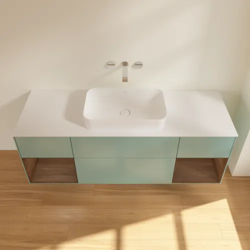 Bild von VILLEROY BOCH Finion Waschbeckenunterschrank, mit Beleuchtung, 4 Auszüge, 1600 x 603 x 501 mm, Olive Matt Lacquer / Walnut Veneer / Glass White Matt #G741GNGM