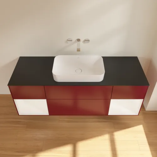 Bild von VILLEROY BOCH Finion Waschbeckenunterschrank, mit Beleuchtung, 4 Auszüge, 1600 x 603 x 501 mm, Peony Matt Lacquer / White Matt Lacquer / Glass Black Matt #G742MTHB