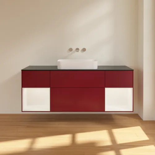 Bild von VILLEROY BOCH Finion Waschbeckenunterschrank, mit Beleuchtung, 4 Auszüge, 1600 x 603 x 501 mm, Peony Matt Lacquer / White Matt Lacquer / Glass Black Matt #G742MTHB