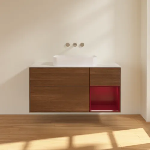 Bild von VILLEROY BOCH Finion Waschbeckenunterschrank, mit Beleuchtung, 3 Auszüge, 1200 x 603 x 501 mm, Walnut Veneer / Peony Matt Lacquer / Glass White Matt #G711HBGN