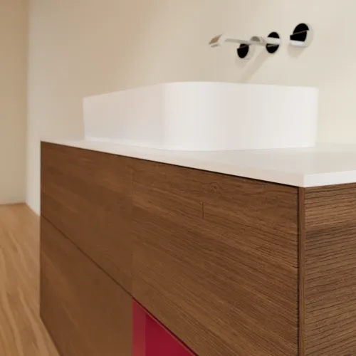 Bild von VILLEROY BOCH Finion Waschbeckenunterschrank, mit Beleuchtung, 3 Auszüge, 1200 x 603 x 501 mm, Walnut Veneer / Peony Matt Lacquer / Glass White Matt #G711HBGN