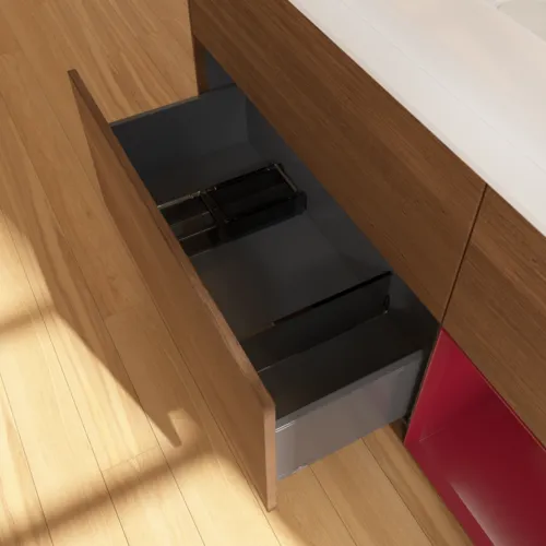 Bild von VILLEROY BOCH Finion Waschbeckenunterschrank, mit Beleuchtung, 3 Auszüge, 1200 x 603 x 501 mm, Walnut Veneer / Peony Matt Lacquer / Glass White Matt #G711HBGN