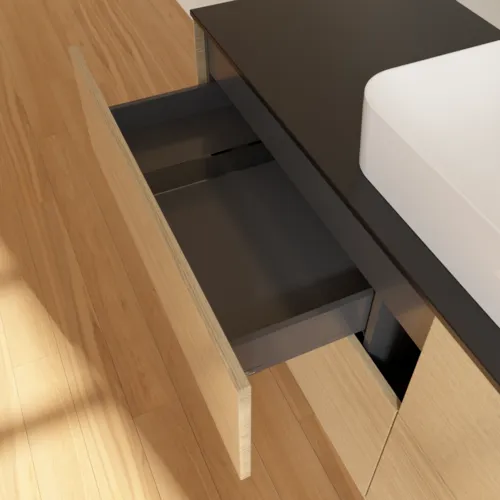 Bild von VILLEROY BOCH Finion Waschbeckenunterschrank, mit Beleuchtung, 4 Auszüge, 1600 x 603 x 501 mm, Oak Veneer / Glass Black Matt #G73200PC